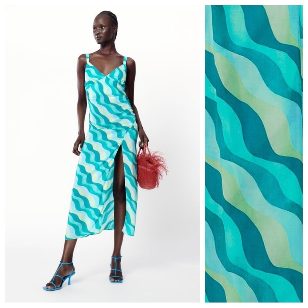 NWT. Zara Green Wave Print Lightweight Sleeveless V-Neck Midi Dress. Size M.